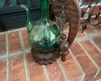 vintage green art glass decanter with hand carved wooden holder - spain