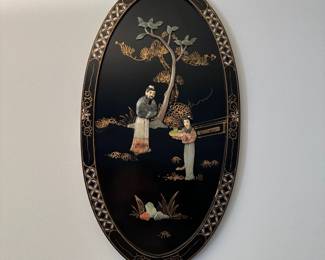 vintage chinese black lacquer & mother of pearl wall art plaque