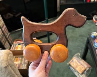 vintage pine wooden dog pull toy