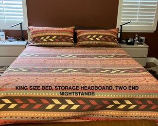 KING SIZE BED, HEADBOARD WITH STORAGE, PAIR OF NIGHTSTANDS, BEDSPREAD WITH PILLOW SHAMS