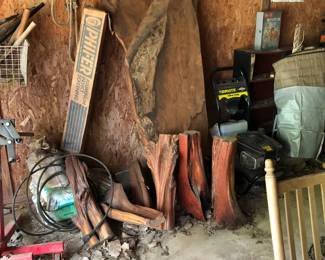 Views of our garage picker area - featuring two very large pieces of live edge wood. Great for coffee table
