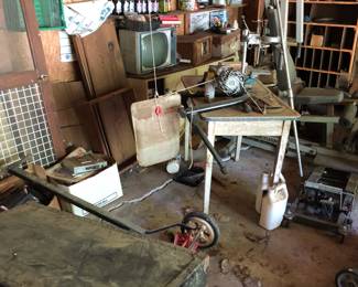 Views of our garage picker area - notice the antique enamel top kitchen table