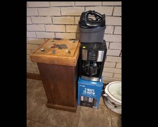 WOODEN TRASH CAN, COFFEE MAKER, AND HAND MIXER