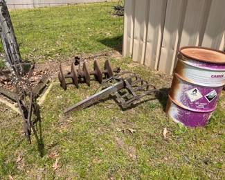 VINTAGE PLOW, CULTIVATOR, DISK, METAL BARREL