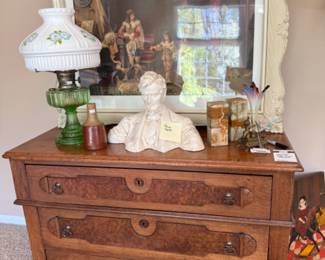 Antique Burl Wood Dresser, Uranium Glass Vase with Cherub Base