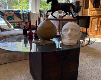 Glass Oval Coffee Table w/ Rustic Base, Abraham Lincoln Life Mask Replica