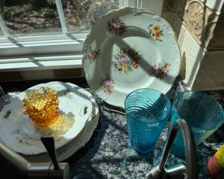Decorative Plates, Blue Optic Hand-Blown Glasses (4)