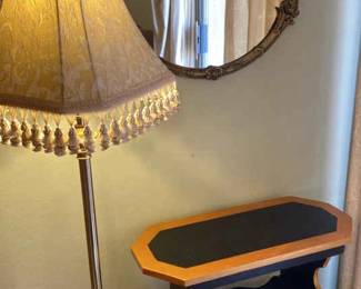 Tall Brass Floor Lamp, Magazine Rack, And Vintage Round Mirror