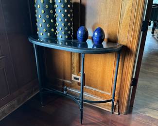 Iron and Glass Console Table, Black and Gold Cylindars