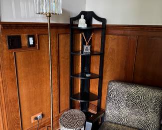 Corner Shelf, Oval Metal Drink Table, Glass Shade Torchier