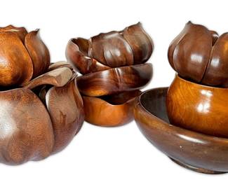 Hand Carved Lotus Monkey Pod Bowls Serving Bowls, Made in Hawaii, Signed