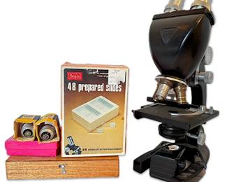 Bausch Lomb Optical Co. Microscope w Specimen Slides