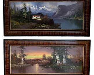 2 Paintings Mountain Scene And Sunset Over The Water