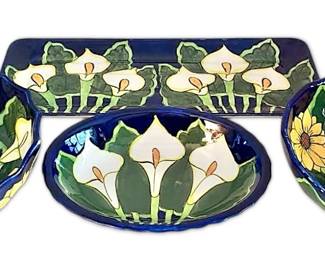 Cobalt Blue Mexican Pottery Dishes With Calla Lilies Sunflowers
