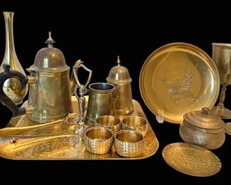 Brass Tea Set, Serving Dishes, Wine Goblets, More
