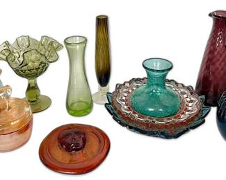 Fenton Thumbprint Compote, Crackle Glass Vase, Marigold Deer, More Colorful Vintage Glassware