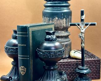 Vintage Neoclassical style book ends. Antique French crucifix, 19th century.