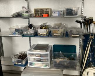 Antique hardware, storage bins, household items
