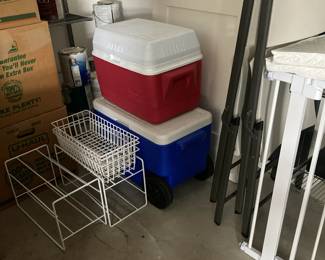Coolers, folding chairs, dog gate