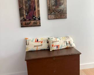 Nancy Hannum paintings on metal, throw pillows and vintage chest