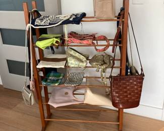 Some designer handbags, Wood rack