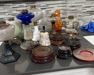 More vintage Oil Lamps, Wood stands for objects