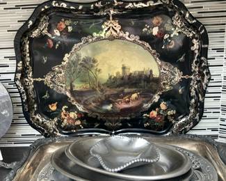 English tray and pewter and silver plate serving pieces