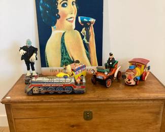 Vintage chest with 1950's battery operated toys, Poster of beautiful girl