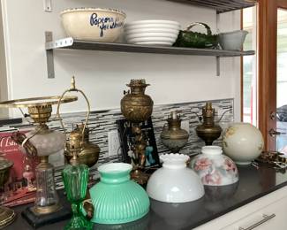 Vintage Oil Lamps and glass shades, old tins and serving bowls