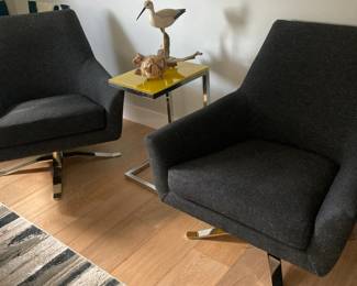 West Elm Lucas swivel chairs, glass top side table