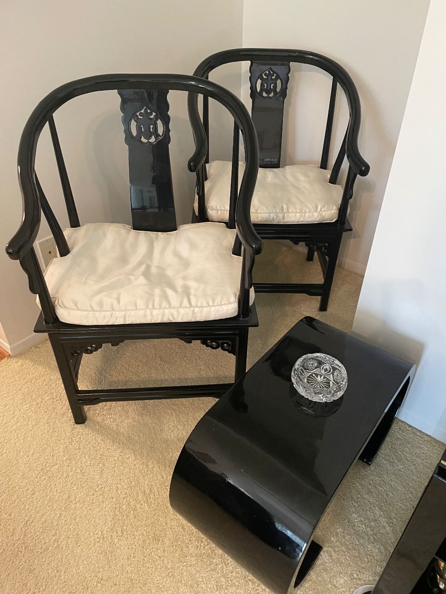 Vintage Asian black lacquer club chairs and side table