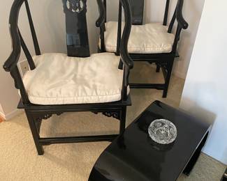 Vintage Asian black lacquer club chairs and side table