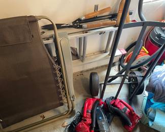Outdoor Chais lounger, Metal dolly, car vacuums and moving blankets, yard clippers, and aluminum extension ladder
