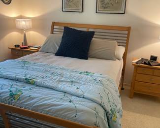 Queen maple and metal bed, mattress set and nightstands - 2, linens and lamps