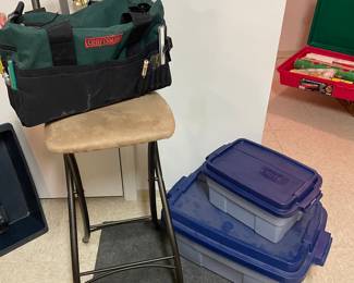 Stool, tool bag, and plastic totes