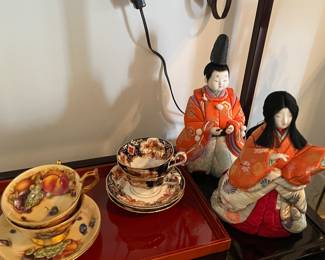 tea cups/saucers and Vintage Japanese dolls