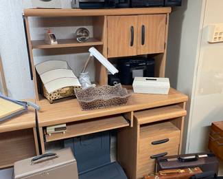 Desk with hutch, printer cabinet, and file cabinet, supplies, boom box and more!
