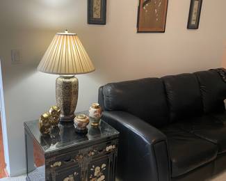Black leather sofa (3-cushion - like new), Vintage side table with mother of pearl, cloisonne', and more