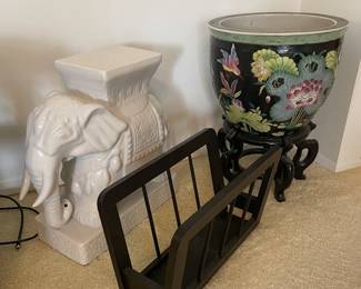 Asian planter with stand, magazine rack, and white elephant ceramic side table