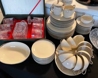 Pickard China - "Cresent" - 5-piece place settings for 12 plus sugar and creamer and serving dish - like NEW, boxed set: decanter and glasses