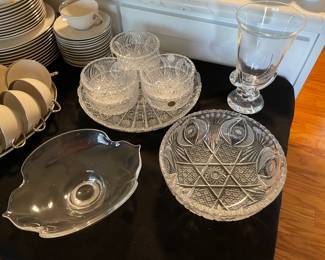 Steuben vase and dish, cut crystal serving plater and 6 bowls and larger bowl
