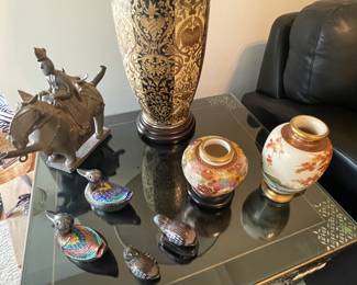 Asian Iron figurine, cloisonne' ducks and birds, and hand-painted vases