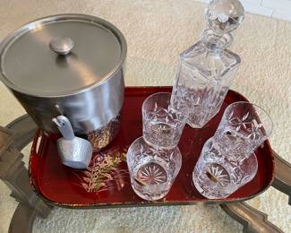 Crystal decanter and glasses, ice bucket and Asian tray