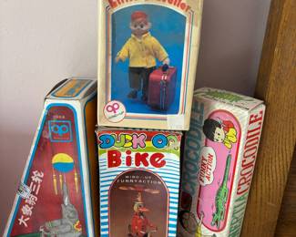 1960s Little Traveller Wind Up Tin Toy, Elephant on Bike Wind Up Tin Toy, Duck on Bike Wind Up Tin Toy, Funny Action Inertia Crocodile Tin Toy
