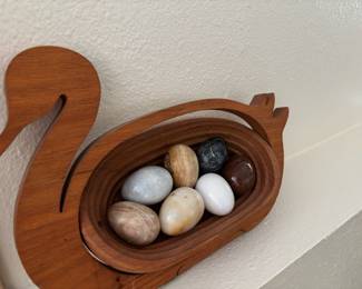 Collapsable Wood Duck Basket, Carved Stone Eggs