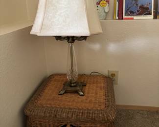 Wicker Side Table, Double Arm Candelabra Style Cut Glass Table Lamp
