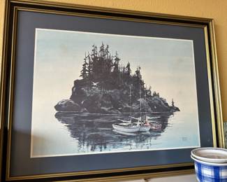 Framed & Matted Lithograph of Island and Boats by Tony Koski