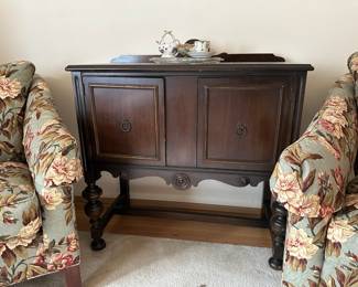 Pair of Ethan Allen Floral Upholstered Arm Chairs, Jacobean Style Sideboard