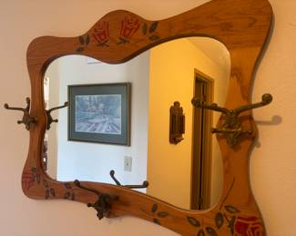 Oak Rose Motif Beveled Wall Mirror with Hooks
