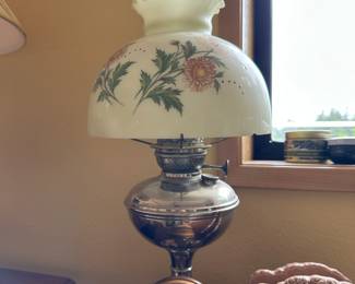 Hurricane Lamp with Milk Glass Floral Painted Shade